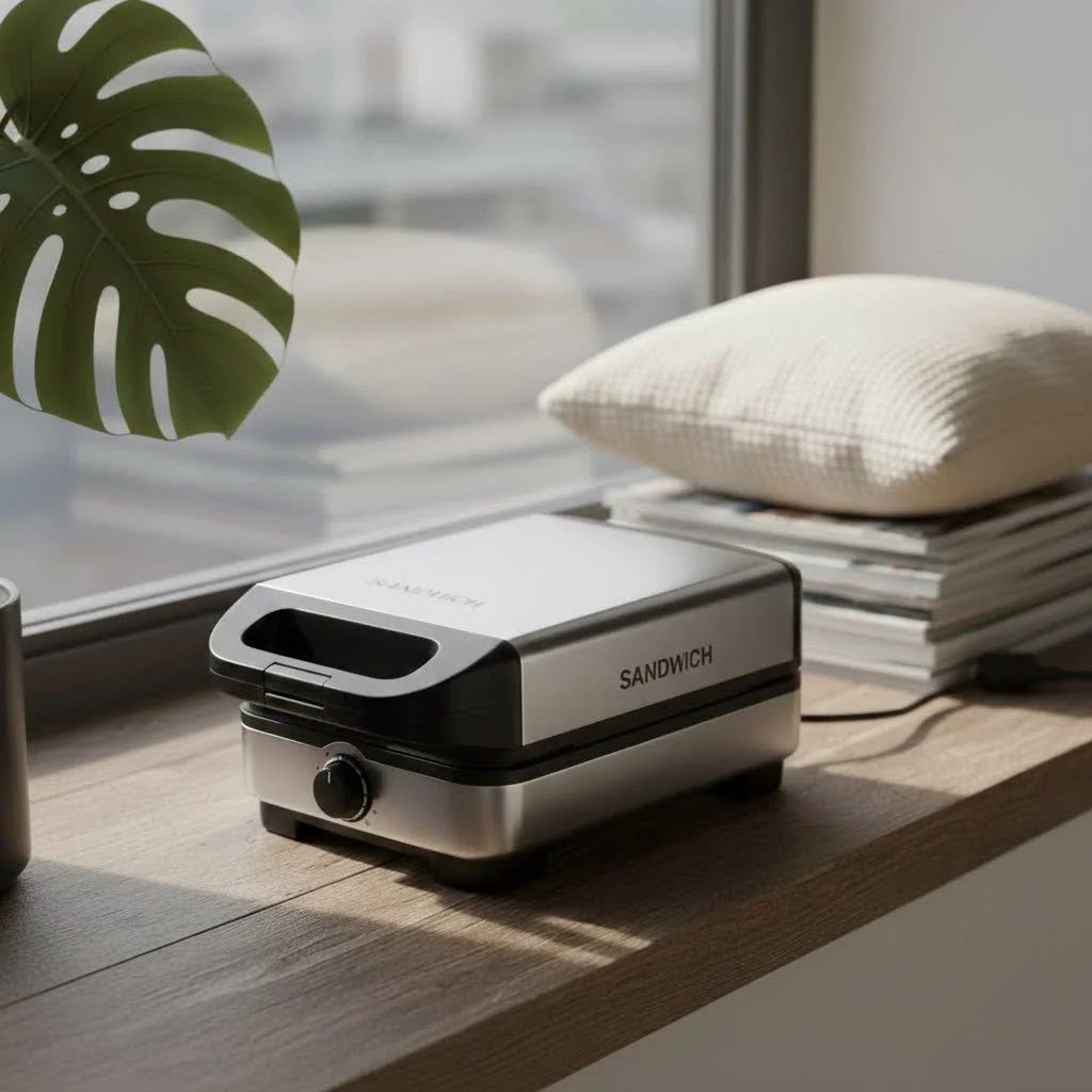 Gas sandwich maker toasting a sandwich on a stovetop